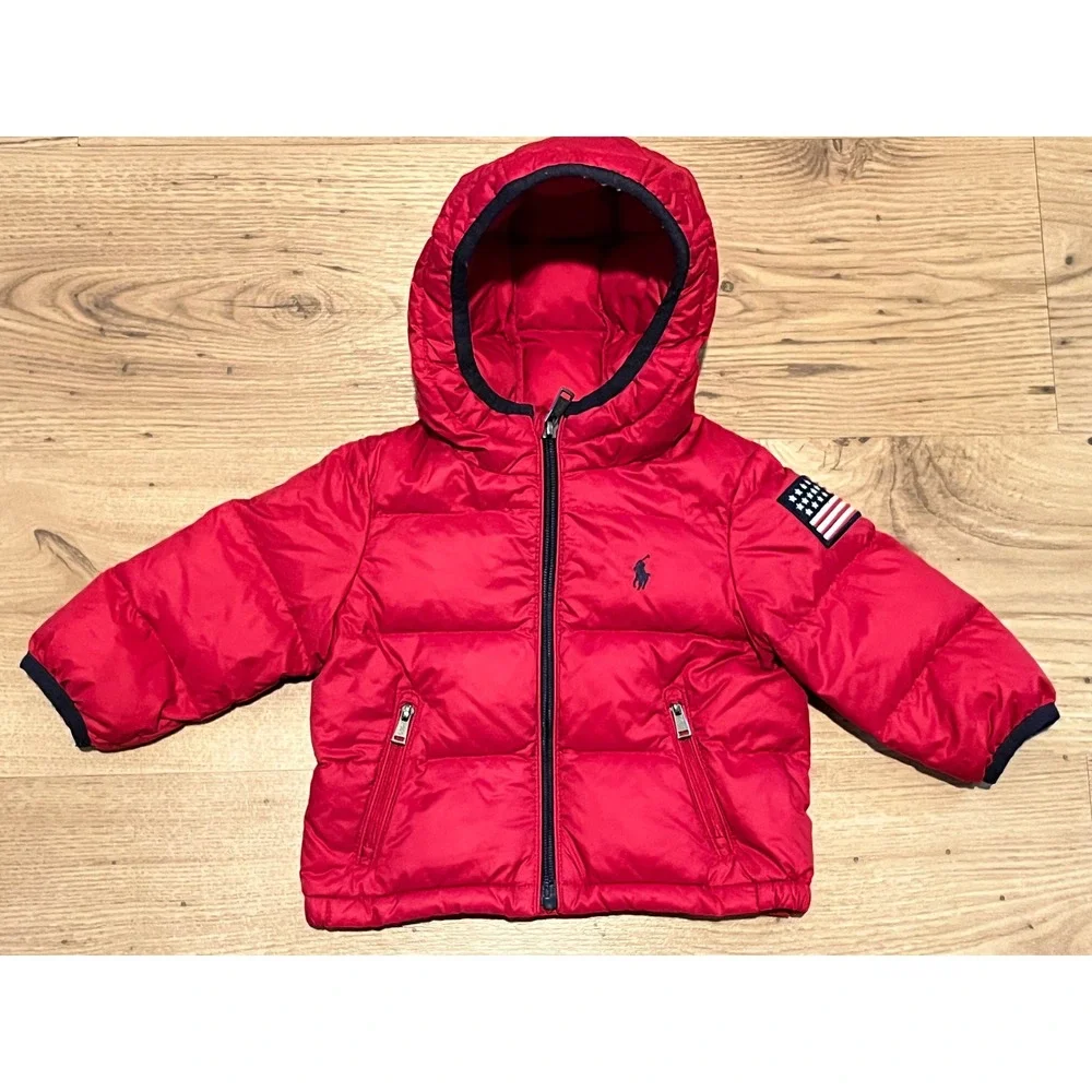 Ralph Lauren Puffer Jacket Kids 9M Red Coat American Flag Down Filled Hooded